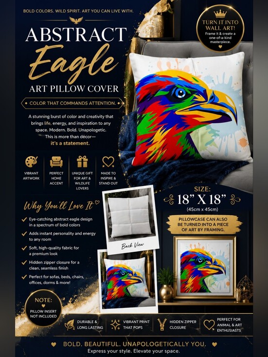 Other - Abstract Rainbow Eagle Art Pillow Cover | 18"x18" | Vibrant Wildlife Home Décor